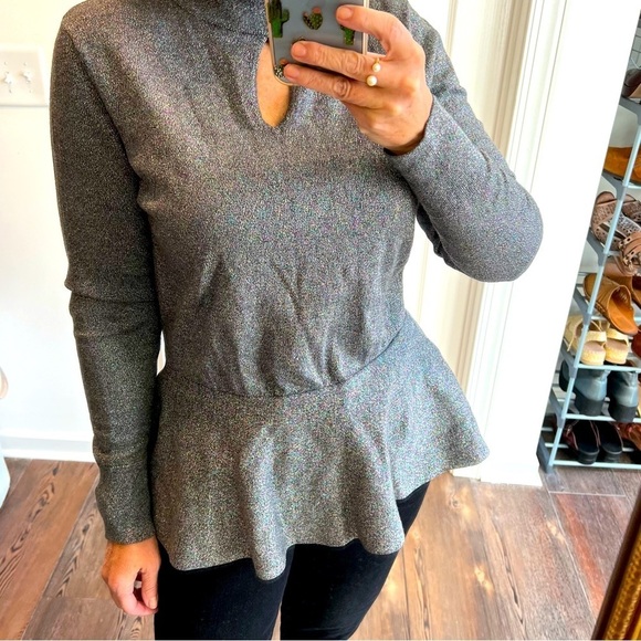 Metallic peplum waist cutout keyhole neck blouse gray glitter top thick - Picture 1 of 8